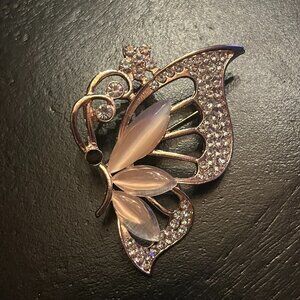 Silver tone with Pale Pink Accents and Rhinestones Butterfly Brooch